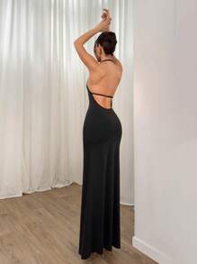 Aloruh 女士性感 V 领贝壳金属装饰长裙，高开叉，紧身，适合海滩度假日常穿着 - 黑色 - 查看 2