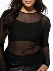 MISSGUIDED PLUS Mesh Long Sleeve Sheer Top Stretch Modern Layer See-Through Fashion Casual Party Club Statement Evening - Black - View 6