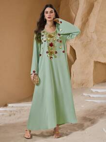Al Najma Women's V-Neck Pullover Elegant Floral Tunic, Turkish & Arabian Traditional Long Dress, Spring/Summer, Kaftan & Jalabiya, Luxury Evening Dresses For Women - Mint Green - View 3