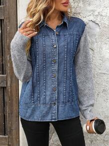 SHEIN LUNE Women's Contrast Color Knitted Sleeve Patchwork Denim Shirt Top Fall Cloth For Women - Blue - View 6
