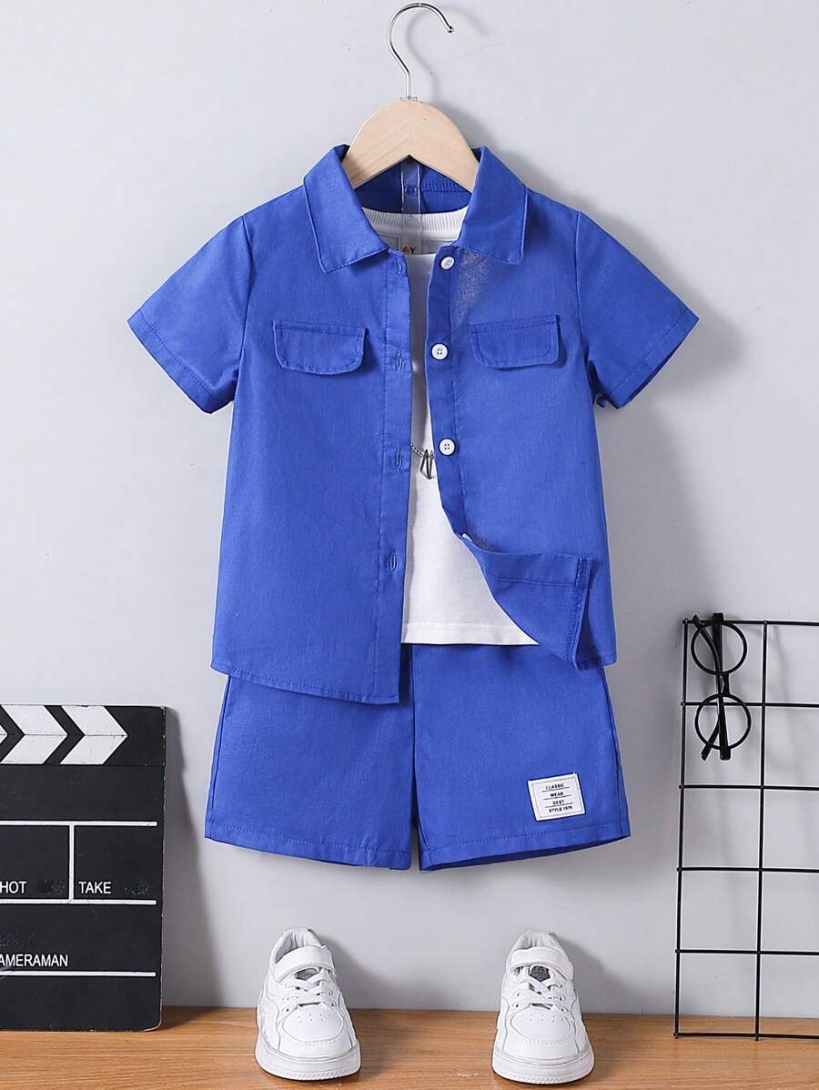 SHEIN 2 件男童简约风格休闲纯色短袖衬衫和短裤套装 - 藍色 - 查看 1