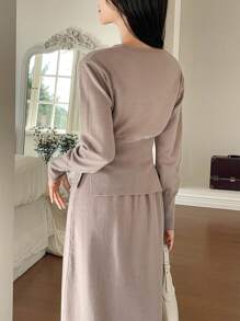 DAZY 2pcs/Set Women Asymmetric Gathered Top & Knit Skirt Suit,Fall Clothes - Brown - View 5