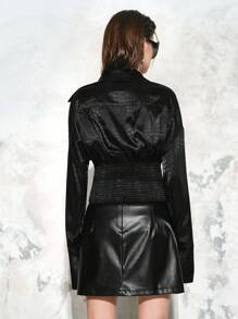 SHEIN LUNE Women's Stylish Design Cinched Waist Avant-Garde Sexy Texture Satin Collar Long Sleeve Shirt Fall Cloth For Women - Black - View 2