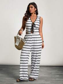 Calvaya Plus Size Black And White Ribbed Knit Print Summer Elegant Smart Casual Vacation 2pcs Set,Ruffled Trim Front Open Vest & Casual Pants Suit - Black and White - View 5