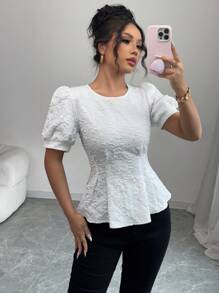 Elenzga Elegant Textured Embossed Round Neck Short Sleeve Blouse