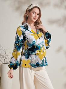 SHEIN Maternity Front Button Long Sleeve Printed Casual Blouse, For Everyday Wear - Multicolor - View 1