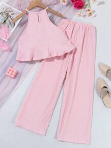 SHEIN Vintaside Kids Tween Girl Solid Color Ruffle Halter Top And Wide Leg Pants 2 Pieces Set, Casual - Pink - View 2