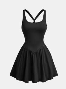 SHEIN Girlism Tween 女童休闲纯色交叉露背运动连衣裙 - 黑色 - 查看 4