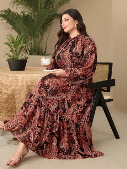 Al Najma 大码女式全印花长袖休闲超长阿拉伯风格连衣裙，端庄