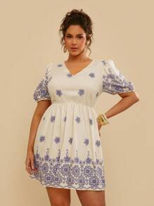 Travachic Đầm công chúa ngắn tay bồng cổ chữ V họa tiết hoa giản dị mùa xuân/hè cho nữ cỡ lớn - Màu xanh lam - Xem 3