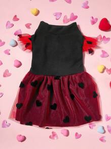 PETSIN 1pc Pet Dog Black Knit Patchwork Red Heart Flocked Mesh Cap Sleeve Princess Dress - Black - View 3