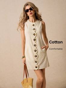 Poéselle Chic Button Down Scalloped Edge A-Line Apricot Mini Dress - Perfect For Casual Outings, Summer Parties And Easy Everyday Style,Yellow Women Dresses ,Business Casual Woman - Apricot - View 7