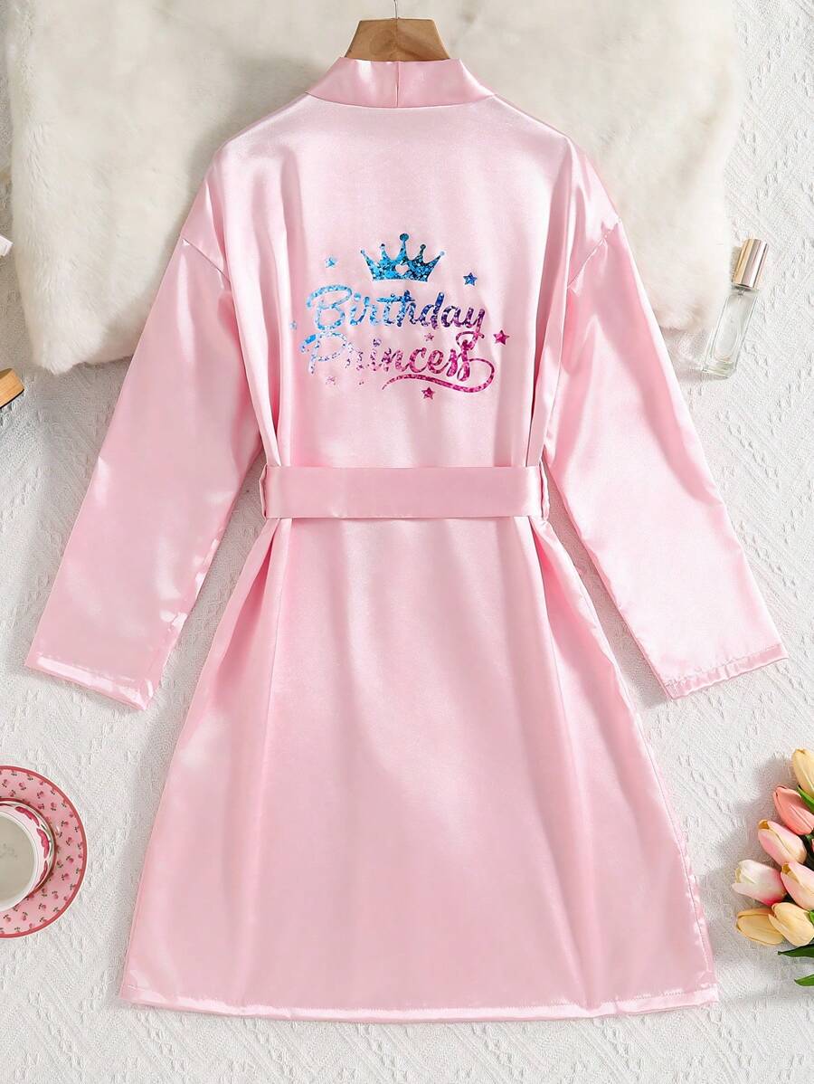 女孩粉色缎面印花后背长袖长腰系带睡袍 - 粉色 - 查看 1