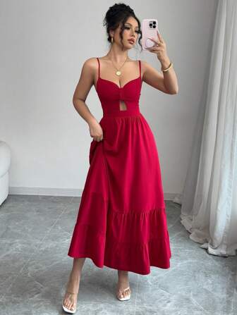 Elenzga Elegant Sexy Deep V-Neck Hollow Out Dress With Flowy