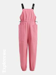 SHEIN Girls Solid Color Splicing Sleeveless Pockets Casual Jumpsuit - Khaki - View 5