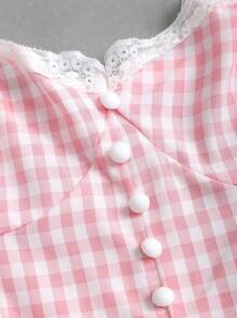 Sweetra 法式少女粉色格子蕾丝边细肩带 V 领收腰性感洛丽塔 A 字裙女装 - 粉色 - 查看 5