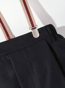 SHEIN 青少年男孩绅士装 2 件套：纯色衬衫和纯色裤子，配有领结和吊带，时尚适合生日派对、晚会、婚礼、洗礼、一岁生日 - 黑色 - 查看 3