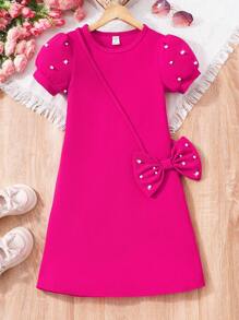 SHEIN Glamorique Kids 1 Set Tween Mädchen Kunstperle Decor Einfarbig Kurzarmkleid mit Schleife Crossbody Bag