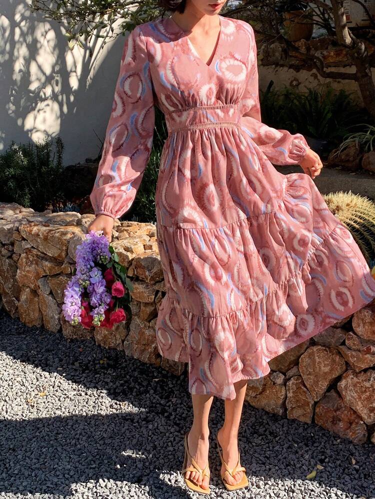 Mid-Long V-Neck Ruched Floral Print Dress For Women,Ruffle,Fall Dress Long Sleeve Dress Maxi Dress Boho