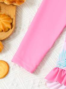 Young Girl Tropical Plant Print Raglan Sleeve One-Piece Swimsuit - Multicolor - View 5