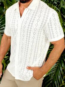 Manfinity Homme Men's Casual Daily Wear, Beach Vacation: INS Matching Romantic And Elegant White Short Sleeve Casual Shirt With Knitted Mesh Small Floral Combination Geometric Pattern And Crochet Texture Jacquard. Features A Button-Up Front, Reflecting Bohemian Island Style. Perfect For Spring And Summer Refreshing, Ideal For Hawaiian Beach Vacations And Valentine's Day Couple, Making It A Great Gift For Boyfriends Or Husbands - White - View 1