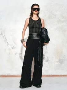 Chiquease Women's Solid Color Drawstring Waist Flap Pocket Loose Casual Cargo Pants For 25 Spring&Summer Fall Cloth For Women - Black - View 8