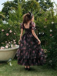 SHEIN MOD Women's Floral Layered Organza Puff Sleeve Black Background Dress,Rave Outfits Festival,Spring Break Outfits,Western Wear Women,Country,Beach,90s Clothes,Spring/Summer Outfits For Women,Modesty Clothes Women,Ruffle Dress,Romantic Dresses,Spring/Summer Dresses For Women,Easter Dress Women,Vintage Dresses For Woman,Easter Dress,Floral Dress Women,Graduation Dress,Maxi Dresses For Women - Multicolor - View 2