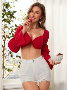 SHEIN VCAY Women Elegant Plain Minimalist Casual Daily Blouse,Vacation Outfits Woman,Sundresses For Vacation,Beach Vacation Outfits,Tropical Vacation Woman Clothes,Summer Outfits For Women,Red Blouse,Backless,Suitable For Party, Date, Afternoon Tea, Summer Outfit, Beach Vacation, Music Festival