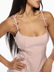 MISSGUIDED Vestido midi elegante con tirantes de lazo y abertura lateral para fiesta de noche, boda, invitado formal, verano y ocasiones especiales, con sensación de satén - Rosa vieja - Ver 4