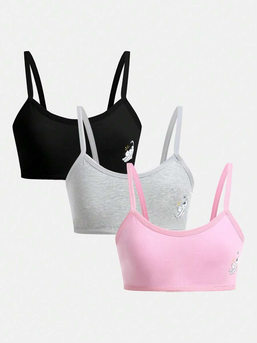 3pcs Cute Cat Print Camisole Undershirts For Big Girls - Multicolor - View 1