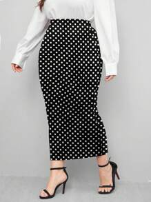 SHEIN Clasi 大码女式波尔卡圆点修身派对、日常、优雅、通勤针织中长裙 - 黑與白 - 查看 3