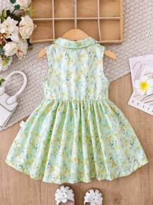 SHEIN Playful Pals 女嬰綠色碎花襯衫洋裝 夏季可愛派對休閒度假風 領口設計 前開扣 薄荷綠蝴蝶結飾洋裝 - 綠色 - 查看 4