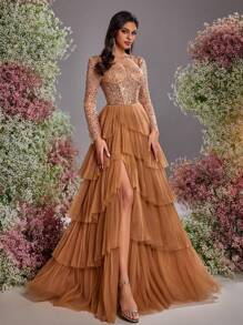 Glamrae 优雅卡其色奢华亮片对比网眼透明长袖紧身胸衣，搭配奢华笼状分层美人鱼下摆、侧高开衩、可调节系带后背、正式晚礼服 - 卡其色 - 查看 4