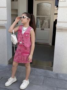 Tween Girls Peach Red Fashionable Versatile Washed Denim Vest & Skirt Set - Hot Pink - View 8