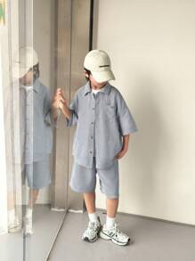 2 Pieces Set Of Tween Boys Casual Sport Shirts And Shorts For Boys, Featuring A Relaxed Fit, Texture Stripes, And A Turn-Up Collar, Is Suitable For Kids' Outfits, Toddler Boy Clothes, Back To School Boys Sets, Birthday Parties, Evening Events, Performances, Weddings, Baptisms, And School Commencements. It Is Suitable For Everyday Wear, School, Travel, Sports, And The Spring And Summer Seasons.