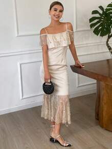 DAZY 女士亮片荷叶边下摆修身露肩美人鱼中长连衣裙 舞会礼服 派对礼服 女士返校节礼服 奢华嘉年华闪亮礼服 - 香檳色 - 查看 4