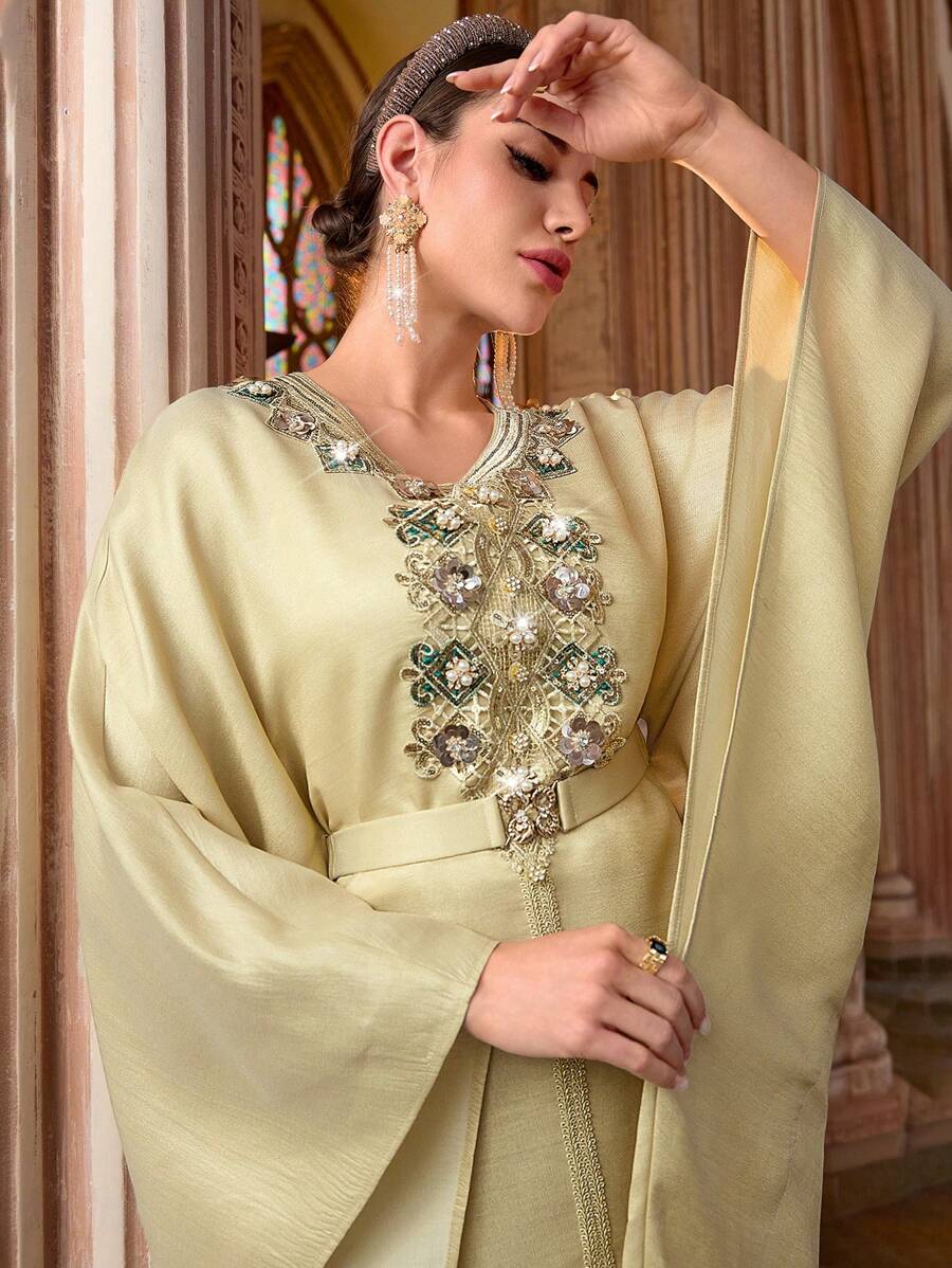 Al Najma Women's Embroidered Batwing Sleeve Turkish & Arabic Traditional Long Dress, Kaftan & Jalabiya, Luxury Evening Dresses For Women - Apricot - View 1