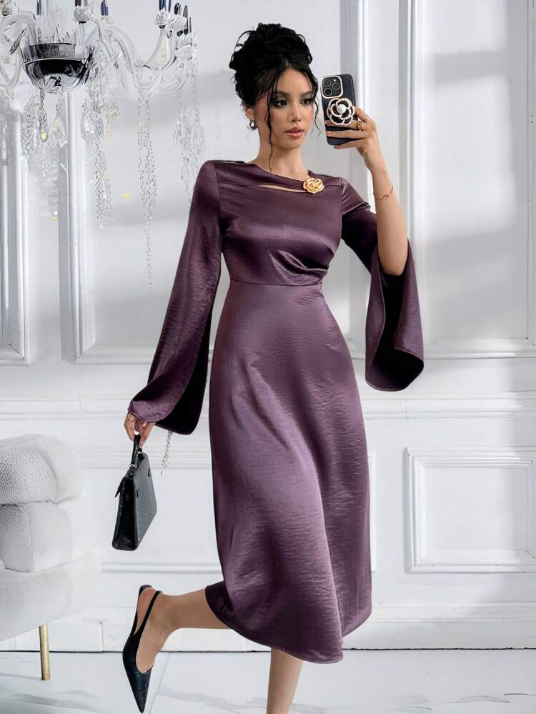 Hollow Out 3D Rose Decor Spring Women's Mid-Length Dress For Holiday & Vacation Prom Dress,Fall Dress Long Sleeve Dress