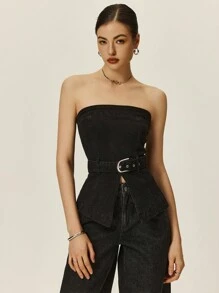 Poéselle Women's Simple Fitted Denim Tube Top For Casual & Holiday, Old Money, Business Casual Woman - Black - View 6