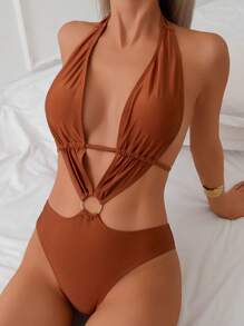 Swim SXY Ladies' Backless Pleated Knot Wireless Halter Neck One-Piece Swimsuit, Solid Color, Sexy Vacation Beach