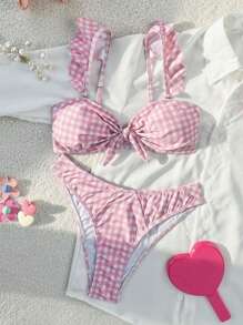 Swim Mod 2pcs Springbreak Women Beachwear Summer Outfits, New Gingham Pattern Pink Ruffled Strap Chest Tie Cute Bikini Set - Pink - View 4