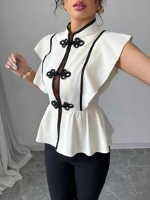 Chiquease Camisa con botones y cuello mao con volantes y contraste de color - Albaricoque - Ver 6