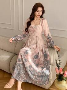 DAZY 女士全花卉泡泡袖方领中长连衣裙，秋季连衣裙长袖连衣裙