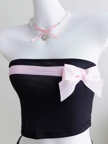Teen Girls Tube Top With Bow Detail & Flared Pants Sets, Pink And Black Colorblock