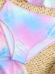 3pcs/Set Tween Girls Fish Scale Spaghetti Strap Bikini Top And Bottom - Multicolor - View 5