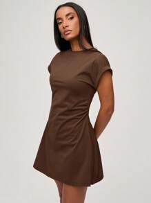 SHEIN BASICS Plain Color Knit Crew Neck Short Sleeve Side Drawstring Mini Dress,Summer Dresses For Women - Brown - View 4