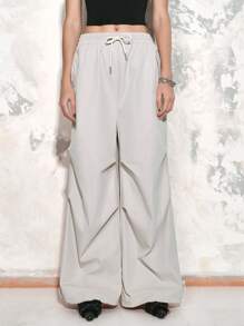 SHEIN LUNE 女士宽松阔腿抽绳口袋工装裤，休闲长裤 - 杏色 - 查看 1