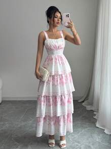 Elenzga 女士花卉印花分层荷叶边下摆无袖连衣裙