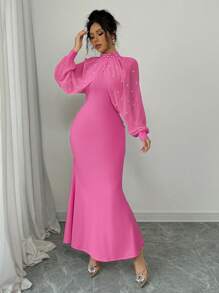 Elenzga Elegant Pearl Beaded Collar Mermaid Dress, Autumn Maxi Women Outfit - Hot Pink - View 4