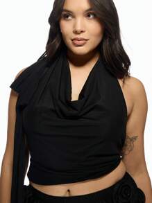 MISSGUIDED PLUS 优雅垂褶高领露背吊带上衣，大码晚宴派对夜店无袖短款衬衫，系带设计，时尚夏季上衣 - 黑色 - 查看 5